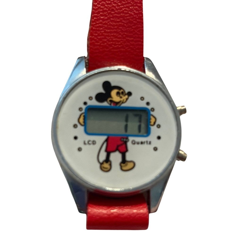 Vintage Mickey Mouse LCD Quartz Watch Red Band Silver‎ Tone Hong Kong